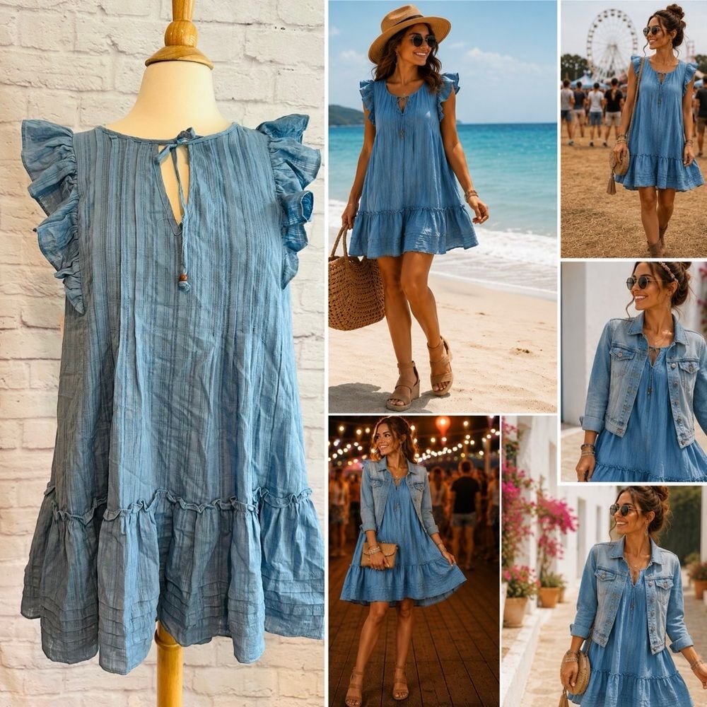 Vestique Sky Blue Ruffle Sleeve Tiered Boho Dress size L NWT
